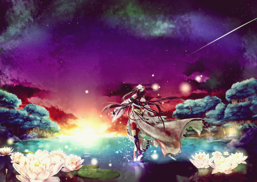 anklet barefoot brown_hair flower highres japanese_clothes jewelry keishi keisi long_hair original sky stars sunset tree water