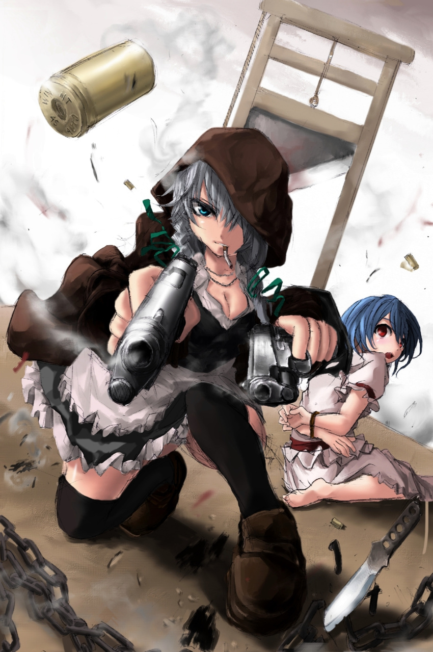 .45_acp absurdres barefoot bdsm bondage bound_wrists breasts chain chains cigarette cleavage colt_m1911 dual_wielding foreshortening guillotine gun handgun highres izayoi_sakuya knife m1911 maid maid_headdress pistol pov_aiming remilia_scarlet rope shell_casing sketch smoking tears terabyte_(rook777) thighhighs throwing_knife touhou weapon