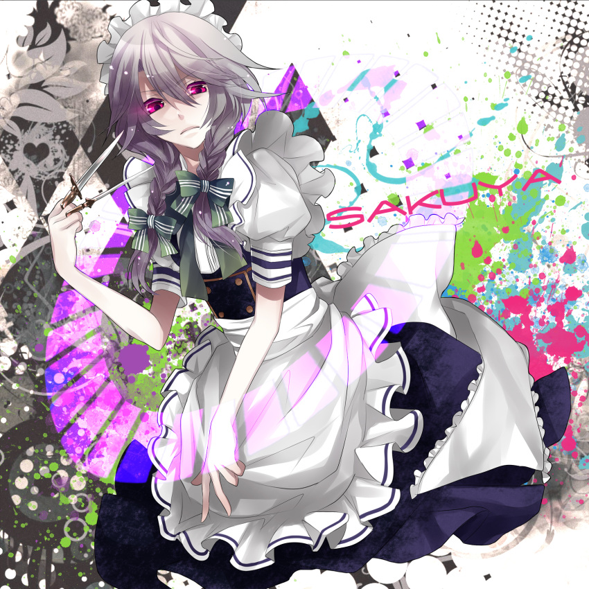 apron between_fingers bow braid colored_eyelashes eyelashes glaring glowing glowing_eyes grey_hair hair_bow highres izayoi_sakuya knife macco maid maid_headdress paint_splatter purple_eyes red_eyes short_hair silver_hair solo the_embodiment_of_scarlet_devil throwing_knife touhou twin_braids violet_eyes waist_apron weapon