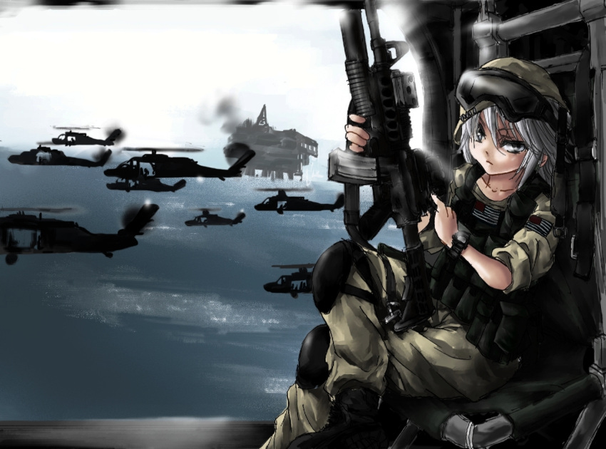 40mm_grenadier 5.56x45mm_nato absurdres airborne_fleet boots call_of_duty call_of_duty_4 colt_m4a1 combat_vest endgame. goggles grenade_launcher gun helicopter helmet highres izayoi_sakuya m203_attachment m4_carbine m4a1 military military_uniform ocean oil_rig rifle terabyte_(rook777) touhou uh-60_blackhawk uniform us_paramilitary war weapon