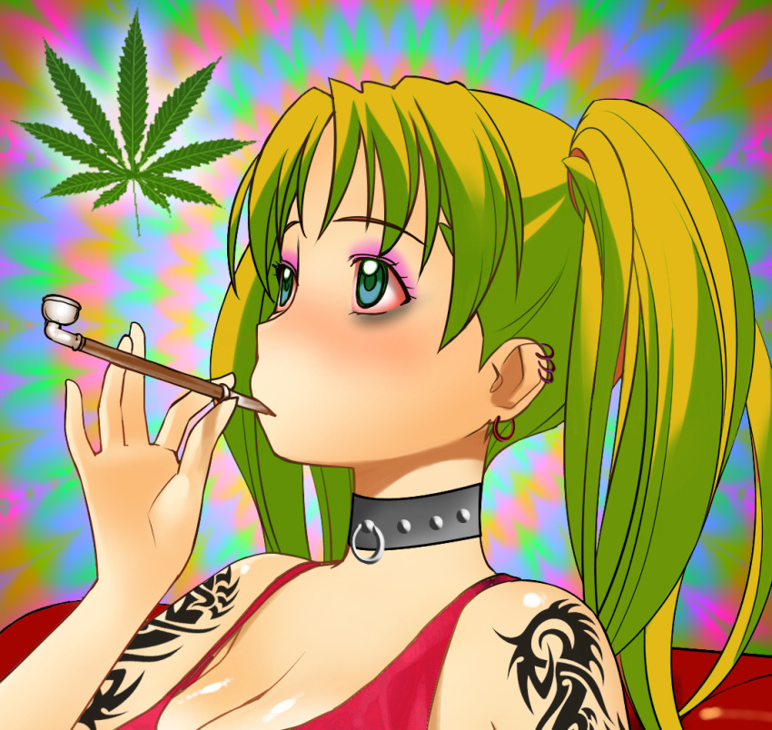 420chan choker drugs earrings green_hair jewelry marijuana photoshop pipe psychedelic smoking solo tattoo twintails