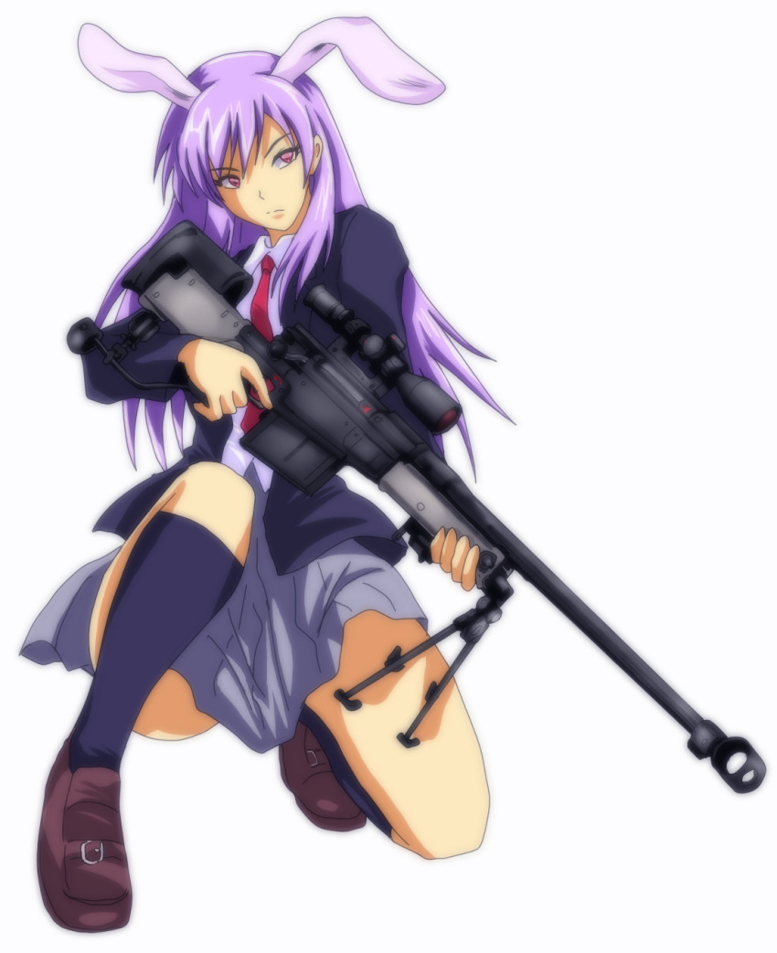 .300_magnum accuracy_international_l96 animal_ears anti-material_rifle anti-materiel_rifle arctic_warfare_magnum bipod blouse bunny-ears bunny_ears crouching female flash_suppressor gun highres jacket junkei knee-high_socks knee_socks kneehighs loafers one_knee pink_eyes purple_hair reisen_udongein_inaba rifle school_uniform schoolgirl scope shoes skirt sniper_rifle solo squatting touhou trigger_discipline weapon