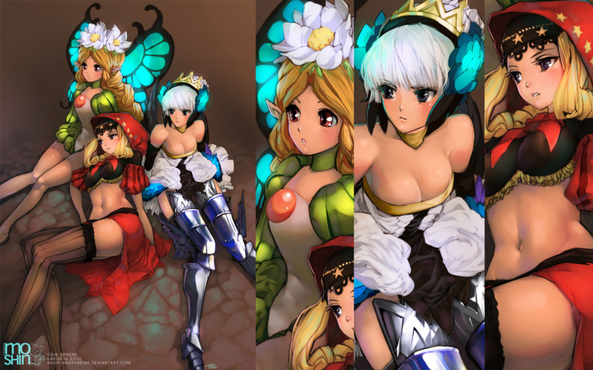 armor armored_dress bare_shoulders black_hair blonde_hair boots braid breasts butterfly_wings cleavage crown david_liu dress fairy flower gwendolyn hair_bun hair_flower hair_ornament hood long_hair lying mercedes midriff multiple_girls navel odin_sphere pointy_ears red_eyes short_sleeves skirt strapless_dress thigh-highs thigh_boots thighhighs velvet_(odin_sphere) wallpaper white_hair wings zoom_layer