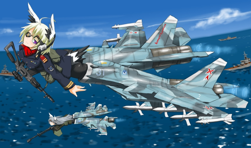 5.56x45mm_nato airplane ak-101 animal_ears assault_rifle black_legwear blonde_hair commentary eyepatch gun head_wings jet light_machine_gun mecha_musume missile ocean ogitsune_(ankakecya-han) okitsune_(ankakecya-han) panties panties_under_pantyhose pantyhose purple_eyes rifle ship strike_witches strike_witches_1991 striker_unit su-33 tail underwear uniform violet_eyes weapon