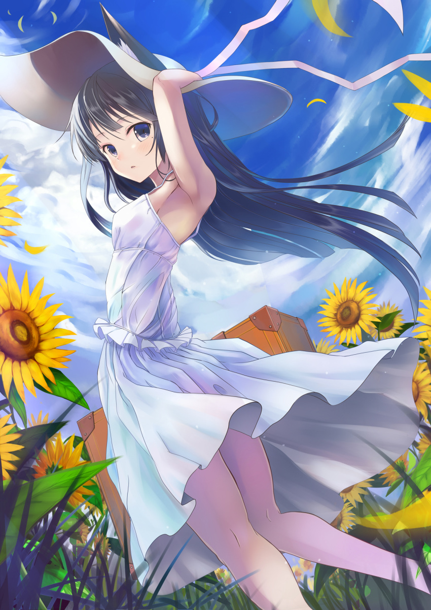 akabane_(zebrasmise) akebane animal_ears armpits arms_up black_hair blue_eyes blush cat_ears cloud clouds dress flower gokou_ruri hand_on_hat hat highres kneepits long_hair looking_at_viewer looking_back mole open_mouth ore_no_imouto_ga_konna_ni_kawaii_wake_ga_nai purple_eyes skirt sky solo suitcase sun_hat sundress sunflower