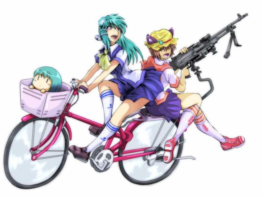 adidas animal_ears basket bicycle brown_eyes brown_hair cat_ears cat_tail chen chibi dual_persona footwear frog green_eyes gun hair_ornament junkei kochiya_sanae long_hair machine_gun multiple_tails nike product_placement shoes short_hair snake socks tail touhou weapon yellow_eyes