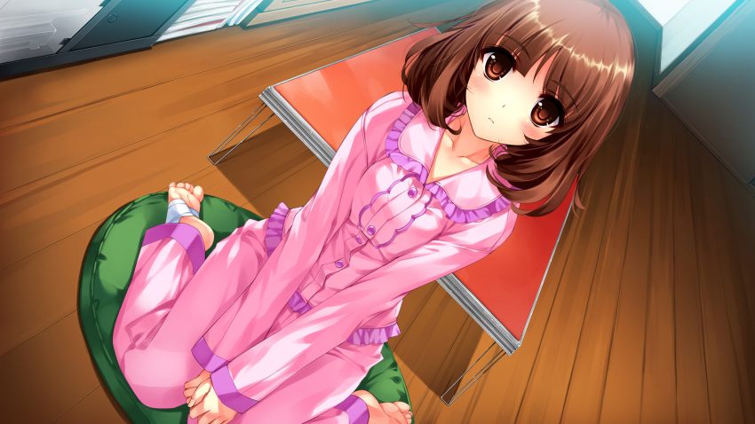 1girl bandage barefoot blush brown_eyes brown_hair feet female from_above highres looking_up misaki_kurehito pajamas sasaki_kaori short_hair sitting soles solo ushinawareta_mirai_wo_motomete wariza