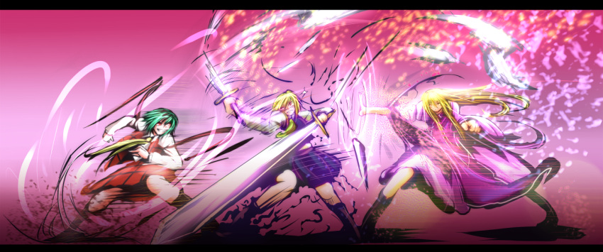 battle blonde_hair boots broken_sword dual_wielding ex-rumia feathers fighting_stance green_hair grin kazami_yuuka letterboxed long_hair motion_blur plaid plaid_skirt plaid_vest red_eyes rumia shiba_yuuki skirt skirt_set smile sword tabard touhou weapon yakumo_yukari youkai yuuki_(butterfly)