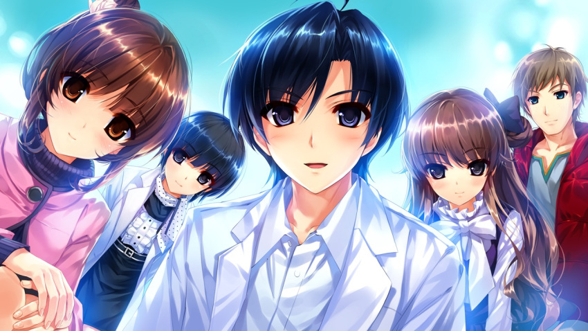 blue_eyes blue_hair blush brown_eyes brown_hair character_request everyone hanamiya_nagisa hasekura_airi kuroya_shinobu long_hair misaki_kurehito multiple_boys multiple_girls open_mouth osafune_kenny_eitarou ponytail sasaki_kaori shirt short_hair ushinawareta_mirai_wo_motomete white_shirt