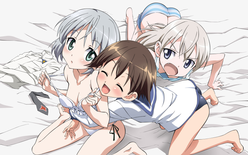 3girls absurdres all_fours barefoot bed blonde_hair blue_eyes blush bra breasts brown_hair cleavage closed_eyes eila_ilmatar_juutilainen eyes_closed fang from_above green_eyes highres hug lingerie long_hair military military_uniform miyafuji_yoshika multiple_girls one-piece_swimsuit open_mouth panties sanya_v_litvyak school_swimsuit school_uniform short_hair side-tie_panties silver_hair sitting smile strike_witches striped striped_panties swimsuit swimsuit_under_clothes underwear undressing uniform wariza white_bra white_panties