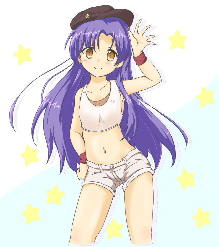 brown_eyes chigusa crop_top flat_chest hand_on_hip highres idolmaster idolmaster_2 kisaragi_chihaya midriff navel short_shorts shorts tank_top wristband