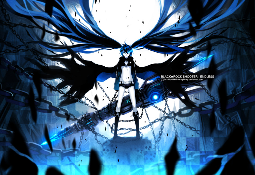 bikini_top black_hair black_rock_shooter black_rock_shooter_(character) blue_eyes boots chain chains cloak front-tie_top glowing glowing_eyes long_hair long_sleeves myhilary scar short_shorts shorts solo star twintails very_long_hair