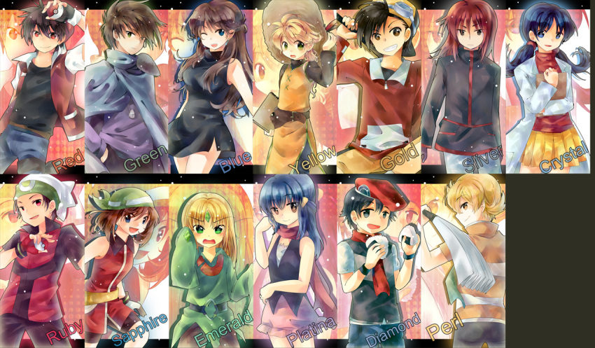 6+boys 6girls 7boys androgynous armpits backwards_hat bandana bare_shoulders baseball_cap belt beret bike_shorts black_hair blonde_hair blue_(pokemon) blue_eyes blue_hair blush breasts brown_eyes brown_hair cape coat crystal_(pokemon) diamond_(pokemon) dress emerald_(pokemon) everyone fan fingerless_gloves gloves glow goggles gold_(pokemon) green_eyes grey_eyes grin hair_ornament hand_in_pocket hat headband holding holding_poke_ball hoodie jeans jewel jewelry lab_coat long_hair long_sleeves male multiple_boys multiple_girls no_hat odamaki_sapphire onigiri ookido_green open_mouth pants pearl_(pokemon) platinum_berlitz poke_ball pokemon pokemon_blue pokemon_crystal pokemon_diamond_and_pearl pokemon_dppt pokemon_emerald pokemon_gold_and_silver pokemon_gsc pokemon_red_and_green pokemon_rgby pokemon_rse pokemon_special pokemon_yellow ponytail popped_collar red_(pokemon) red_eyes redhead reverse_trap ruby_(pokemon) scarf short_hair short_sleeves shorts silver_(pokemon) skirt smile sparkle spiky_hair straw_hat tachiuo_(arines) tomboy trap twintails typo vest wink yellow_(pokemon) yellow_eyes zipper zoom_layer