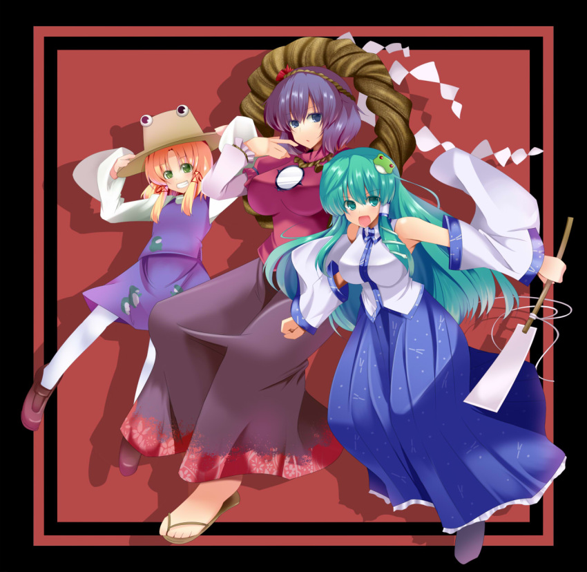 aqua_eyes aqua_hair blonde_hair blue_eyes gohei green_eyes grin hat highres kochiya_sanae long_skirt moriya_suwako multiple_girls purple_hair sandals shide shimenawa skirt smile touhou yasaka_kanako yoshida_(pixiv) yoshida_(rodeo)