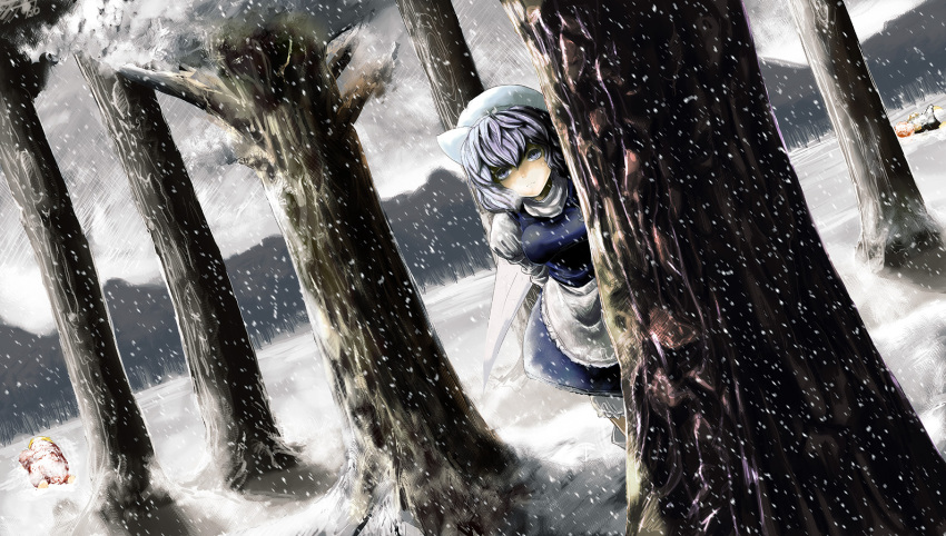 3girls aki_minoriko aki_shizuha bad_id blue_eyes blue_hair breasts cape dress forest hat letty_whiterock multiple_girls nature shaun_(fallenicons) short_hair snow solo touhou