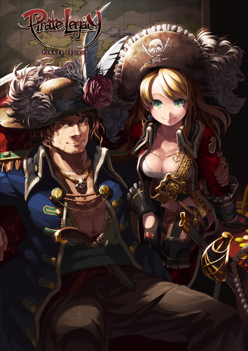 breasts brown_eyes brown_hair cleavage earrings feathers flower gloves green_eyes gun hat highres jewelry lena_(zoal) map mole official_art pendant pirate pirate_legacy sheath sitting smile sword weapon