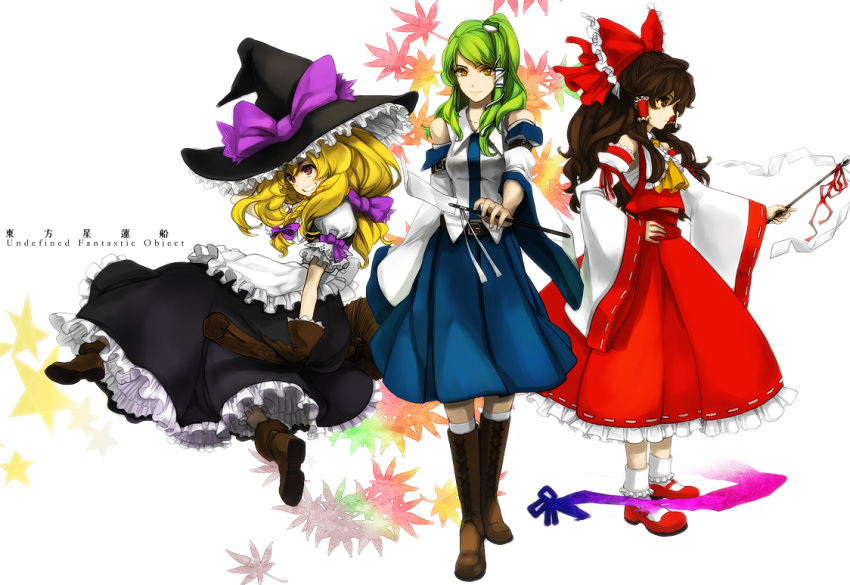 blonde_hair boots bow broom brown_eyes brown_hair detached_sleeves frog gloves gohei green_hair hair_ornament hakurei_reimu hand_on_hip hat kirisame_marisa kochiya_sanae long_hair multiple_girls purple_eyes touhou violet_eyes witch_hat yukizen