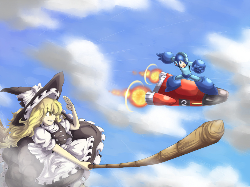 1girl armor blonde_hair blue_eyes broom broom_riding cloud clouds crossover flying frills grin hat hat_ribbon helmet item_2 kirisame_marisa long_hair ribbon rocket rockmajo rockman rockman_(character) rockman_(classic) rockman_(original) salute sky smile touhou witch witch_hat yellow_eyes