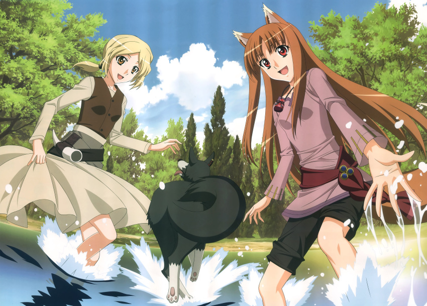 blond_hair dog dress enekk forest fox_tail holo lake nora orange_hair red_eyes smiling spice_and_wolf water yellow_eyes