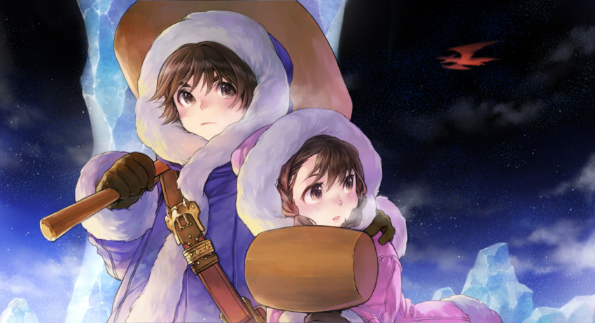 brown_eyes brown_hair coat condor gloves hammer hood hug ice ice_climber long_sleeves looking_back mallet nana_(ice_climber) night nintendo parka popo_(ice_climber) russel_(yumeriku) twin_braids