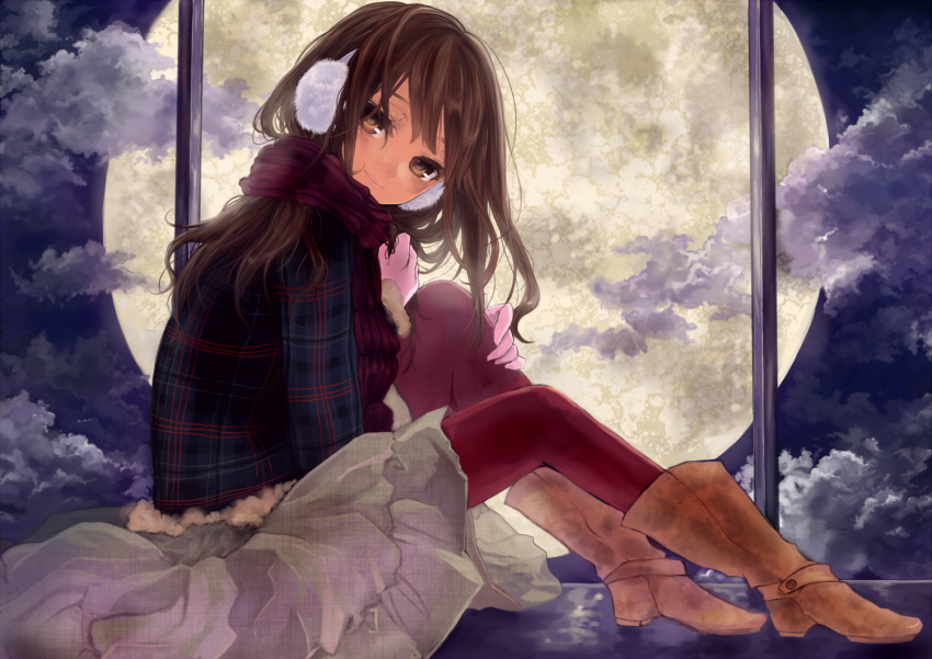 1girl brown_eyes brown_eys brown_hair earmuffs face full_moon gloves lips long_hair looking_at_viewer moon original pantyhose pisuke plaid red_legwear scarf skirt smile solo winter_clothes