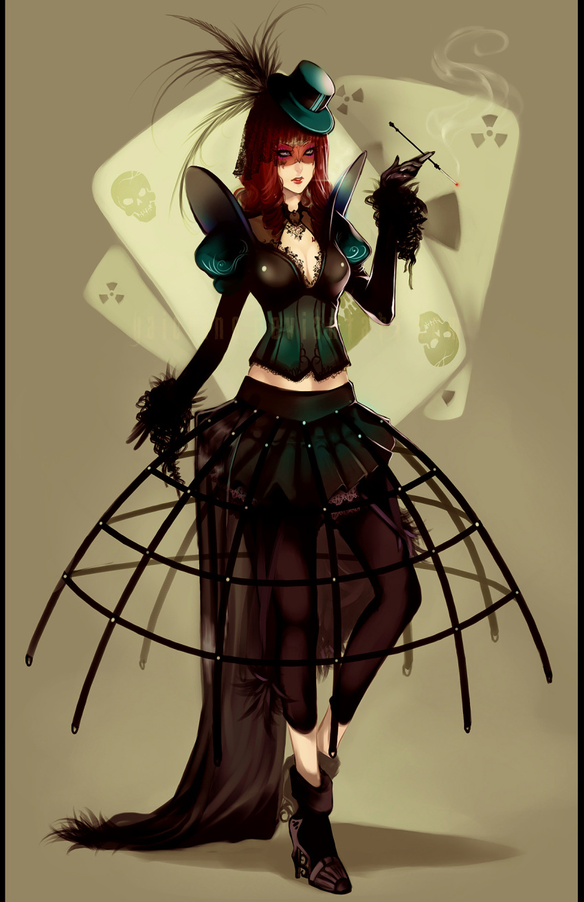 capri_pants card card_background cards cigarette cigarette_holder cleavage feathers gloves hat high_heels highres hoop_skirt lipstick long_hair long_sleeves makeup mini_top_hat original playing_card playing_cards radiation_symbol red_hair redhead ringlets shoes skirt skull smoking solo top_hat veil yaichino