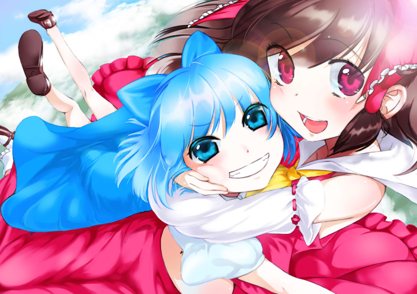 bare_shoulders blue_eyes blue_hair bow brown_hair cheek_squash cirno cloud clouds detached_sleeves flying foreshortening friends grin hair_bow hakurei_reimu hand_on_another's_cheek hand_on_another's_face hand_on_cheek hug long_hair multiple_girls open_mouth puffy_cheeks red_eyes short_hair smile touhou yamada_ranga