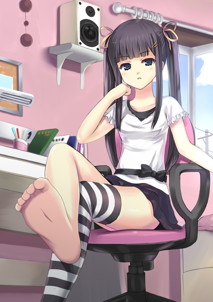 barefoot black_hair blue_eyes blush bow chin_rest crossed_legs cup curtains feet hair_ornament hair_ribbon hairclip highres koyama_tomosato legs_crossed long_hair open_mouth original pen pencil pov_feet ribbon sitting skirt soles solo speaker striped striped_legwear striped_thighhighs thigh-highs thighhighs toes twintails window