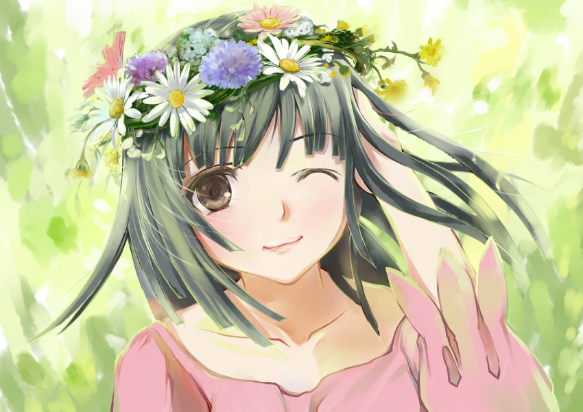 brown_eyes flower green_hair hair_flower hair_ornament head_wreath marubeni monogatari_(series) sengoku_nadeko wink