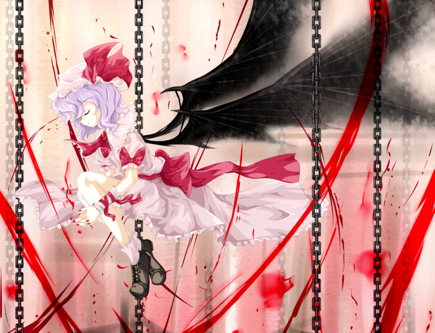 bat_wings chain chains closed_eyes eyes_closed hat remilia_scarlet shoes short_hair solo touhou wings zzz36951