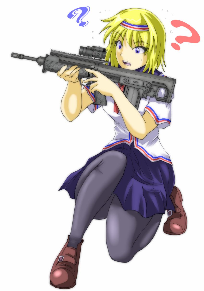 1girl ? alice_margatroid assault_rifle bad_id battle_rifle blonde_hair blue_eyes gun hairband highres junkei kel-tec_rfb left-handed one_knee pantyhose school_uniform short_hair skirt solo touhou weapon