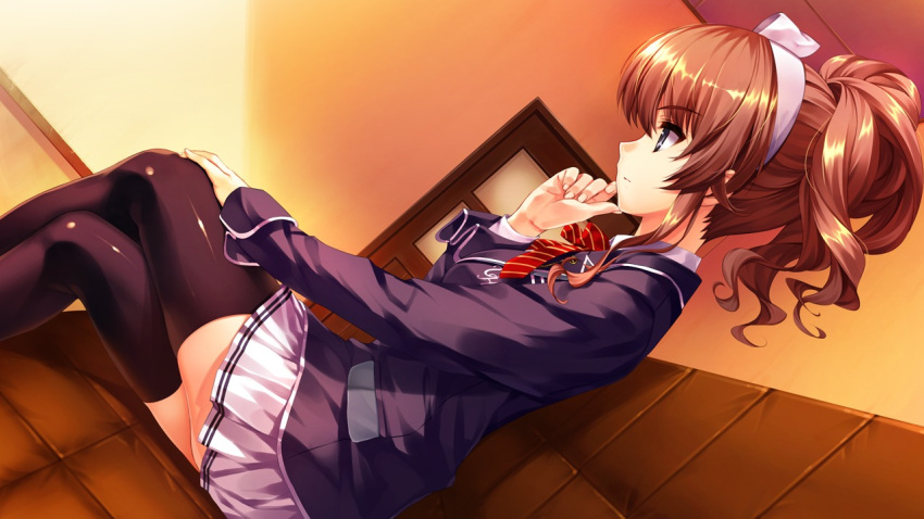 black_thighhighs blue_eyes brown_hair crossed_legs dutch_angle hairband hanamiya_nagisa kuroya_shinobu legs_crossed long_hair profile school_uniform sitting skirt solo thigh-highs thighhighs ushinawareta_mirai_wo_motomete zettai_ryouiki