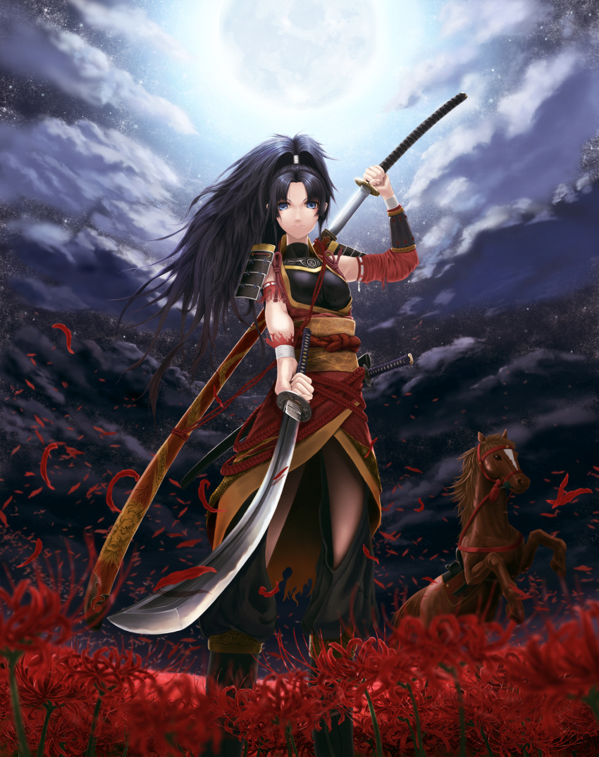 armor black_hair blue_eyes breastplate cloud dual_wielding flower full_moon high_ponytail highres horse japanese_clothes katana kimono long_hair moon night night_sky nodachi obi original petals ponytail saddle samurai samurai_armor sheath sky sode solo spider_lily sword topknot torn_clothes unsheathing weapon wolfedge