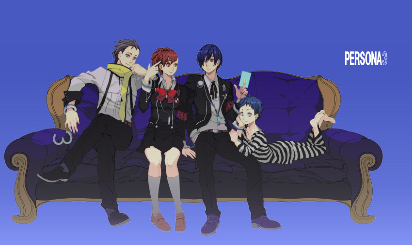 armband black_hair blue_eyes bow brown_hair card child closed_eyes couch cuffs digital_media_player eyes_closed female_protagonist_(persona_3) handcuffs headphones highres holding holding_card mochizuki_ryouji mp3player persona persona_3 persona_3_portable pharos red_eyes ribbon scarf school short_hair smile suspenders uniform zatori