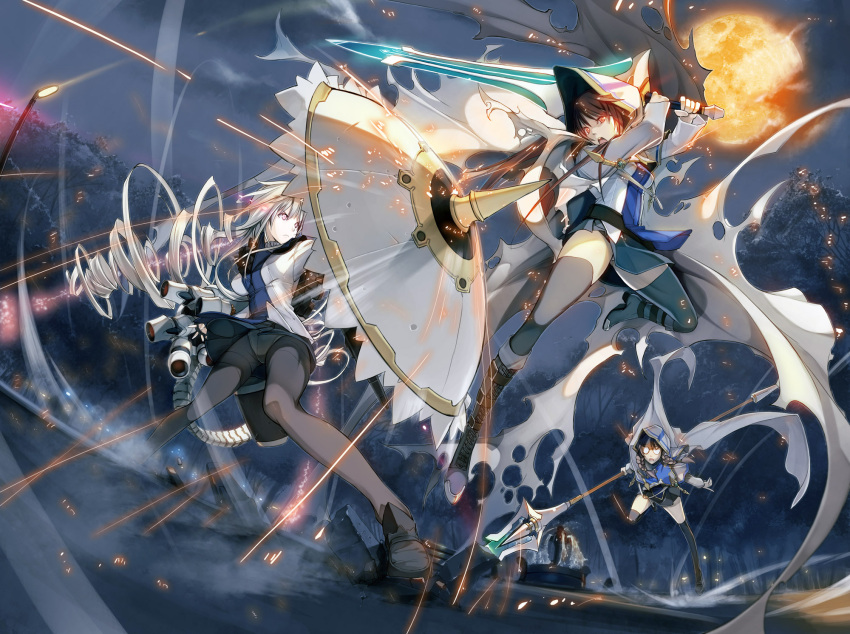 action annihilate_luxifer battle black_legwear black_thighhighs boots braid brown_hair cape drill_hair glasses highres ky long_hair moon multiple_girls pantyhose park purple_eyes red_eyes shield silver_hair sparks staff sword thigh-highs thighhighs torn_clothes twin_braids very_long_hair violet_eyes weapon