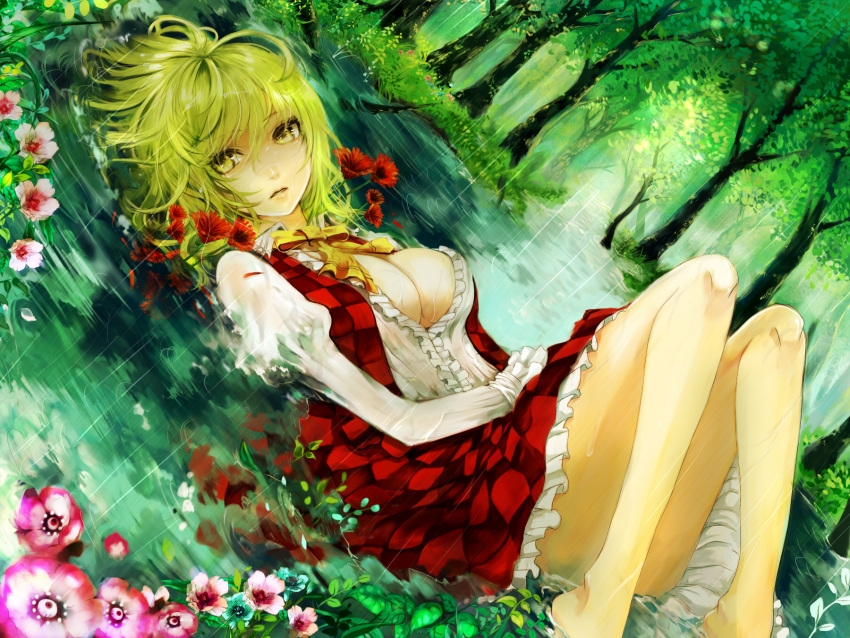 bad_id bare_legs barefoot blonde_hair breasts checkered checkered_skirt cleavage convenient_censoring convenient_leg dutch_angle face flood flower forest grass green_hair highres kazami_yuuka lips long_sleeves lying nature no_bra on_back open_clothes open_shirt plaid rain river shirt skirt touhou tree ut_(apt) water wet wet_clothes yellow_eyes youkai