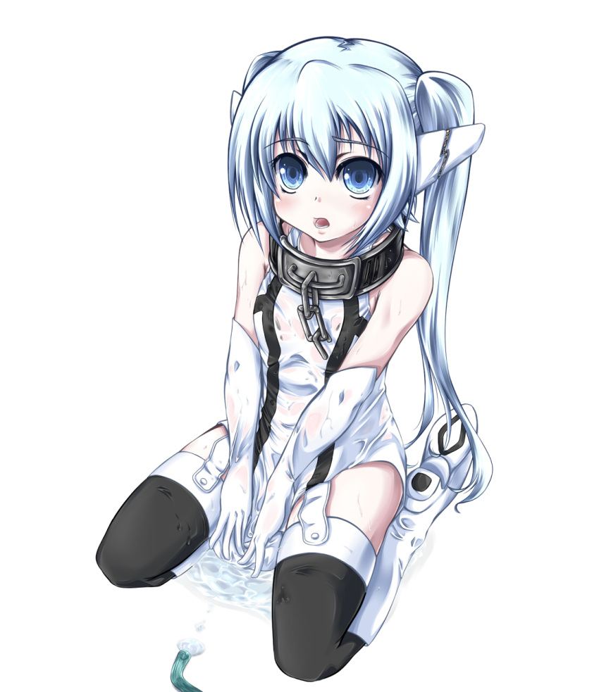 1girl blue_eyes blue_hair collar elbow_gloves garters highres hose kneeling looking_up nymph_(sora_no_otoshimono) open_mouth seiza simple_background solo sora_no_otoshimono thigh-highs thighhighs twintails wet yui_(imprinting)