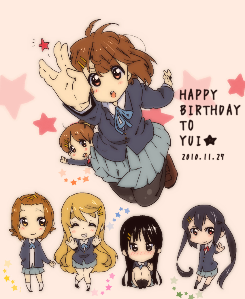 alternate_hairstyle bad_id brown_eyes brown_hair chibi highres hirasawa_ui hirasawa_yui k-on! kotobuki_tsumugi nakano_azusa pantyhose school_uniform short_hair sunameri_oishii tainaka_ritsu vulcan_salute