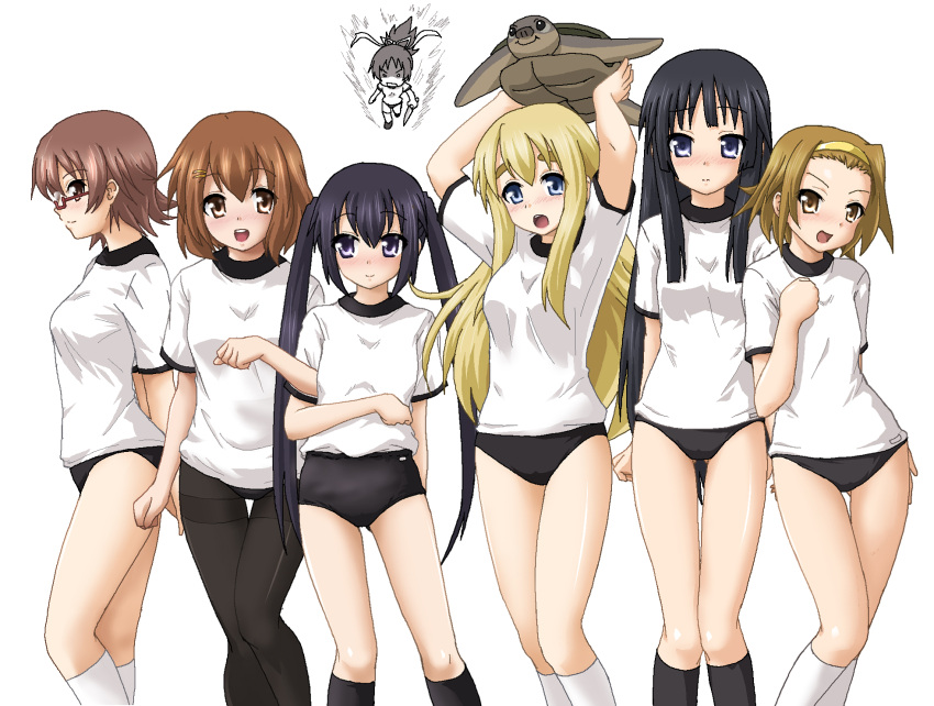 black_eyes black_hair blonde_hair blue_eyes brown_eyes brown_hair buruma chibi gym_uniform hayashiya_zangourou hayashiya_zankurou highres hirasawa_ui hirasawa_yui k-on! knife kotobuki_tsumugi long_hair manabe_nodoka nakano_azusa pantyhose short_hair tainaka_ritsu ton-chan turtle twintails yandere