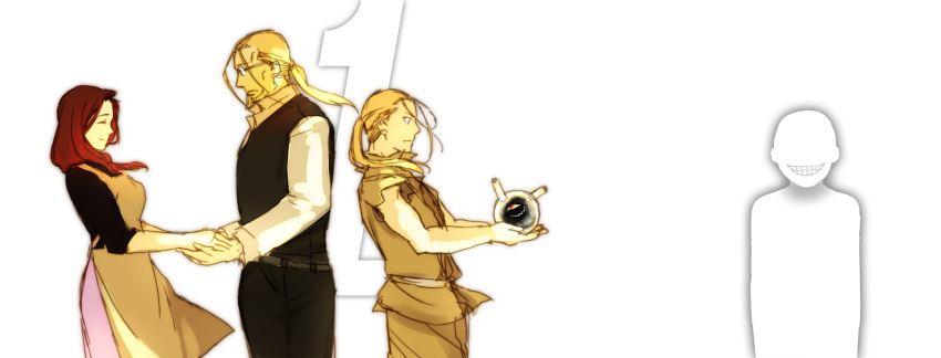 bak blonde_hair brown_hair closed_eyes dual_persona eyes_closed father_(fma) fullmetal_alchemist grin hand_holding highres hohenheim holding_hands long_hair ponytail simple_background smile teeth trisha_elric truth_(fma) truth_(fullmetal_alchemist) vab_hohenheim van_hohenheim