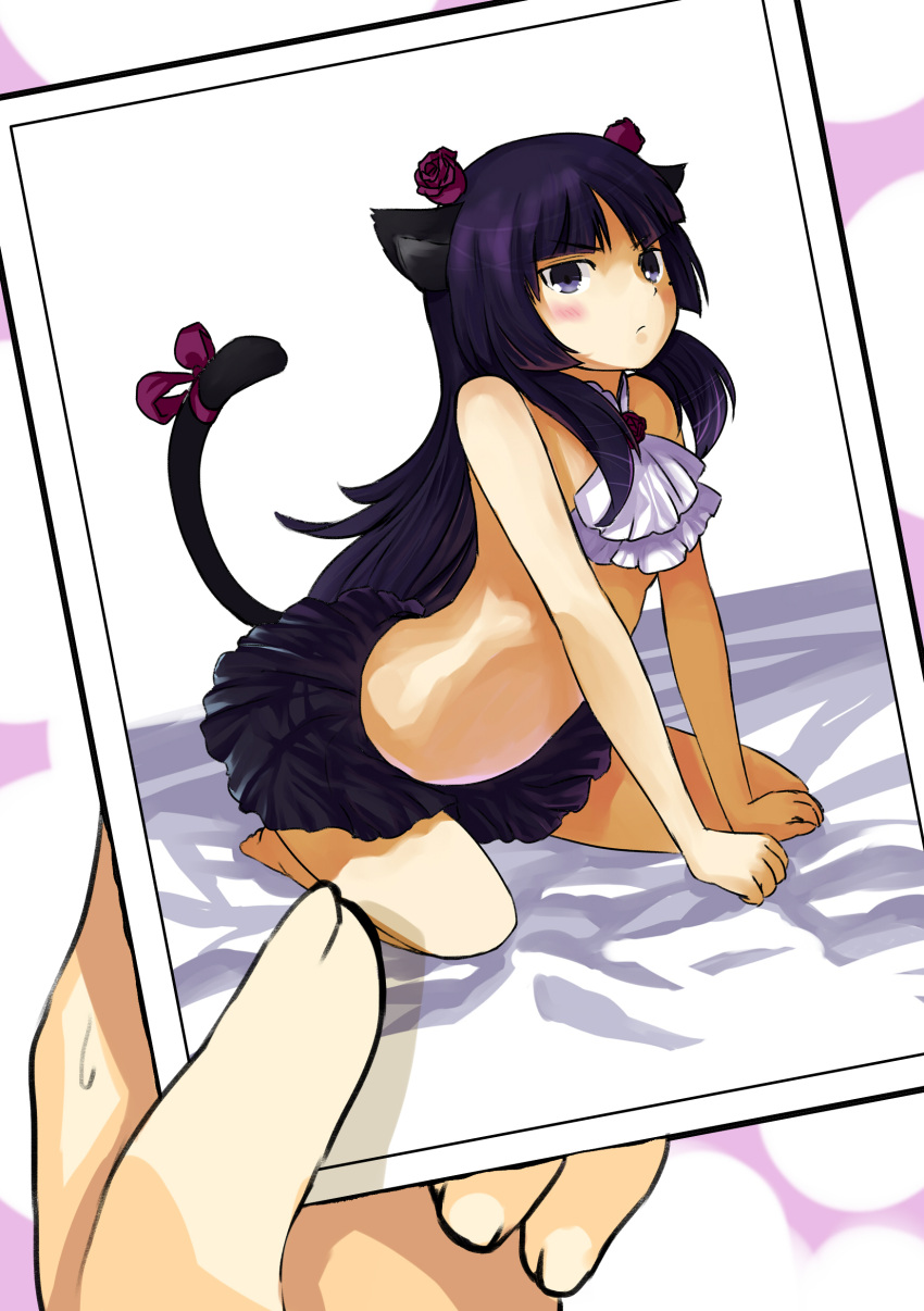 all_fours animal_ears bad_id bare_shoulders black_hair blue_eyes blush cat_ears flower gokou_ruri hairband highres long_hair no_bra orangec ore_no_imouto_ga_konna_ni_kawaii_wake_ga_nai photo photo_(object) purple_rose rose skirt tail