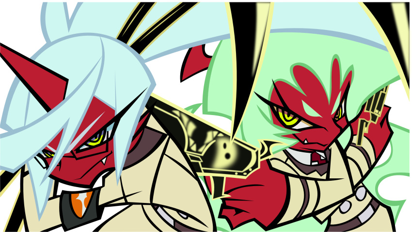double_gold_lacytanga double_gold_spandex highres kneesocks_(character) kneesocks_(psg) panty_&amp;_stocking_with_garterbelt red_skin scanty scanty_(psg) vector_trace