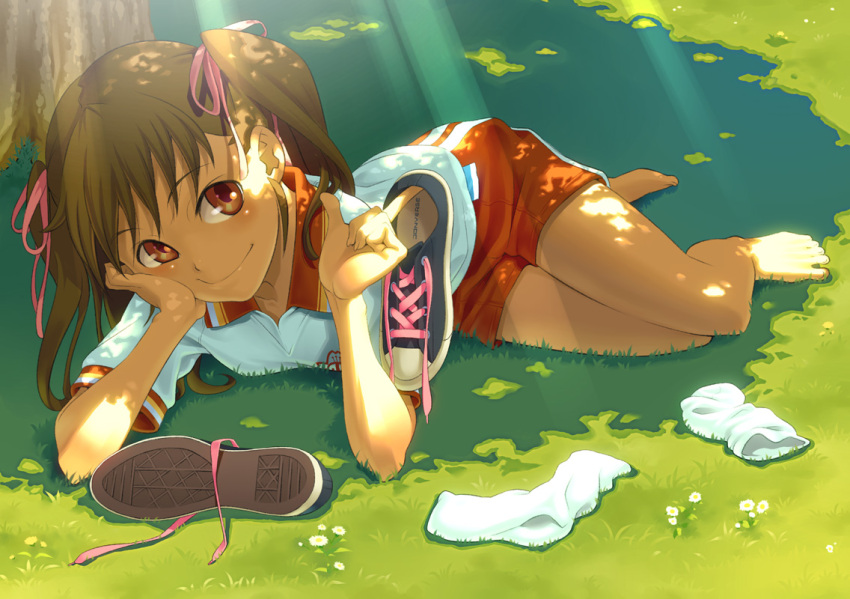 aoi_sora_(pairan) arm_support bad_id barefoot bow brown_eyes brown_hair dark face feet flower footwear foreshortening grass gym_uniform hair_bow lying on_side original outdoors outside pairan shade shoes shoes_removed shorts smile sneakers socks socks_removed solo sunbeam sunlight toe_spread toes tree tree_shade twintails