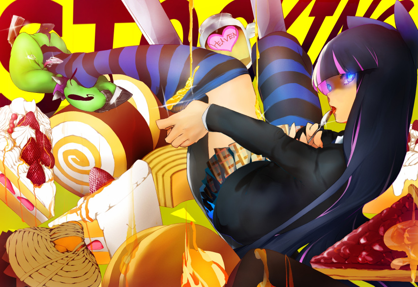 cake chuck chuck_(psg) food highres long_hair multicolored_hair panty_&amp;_stocking_with_garterbelt senni spoon stocking_(character) stocking_(psg) striped striped_legwear striped_thighhighs thigh-highs thighhighs two-tone_hair