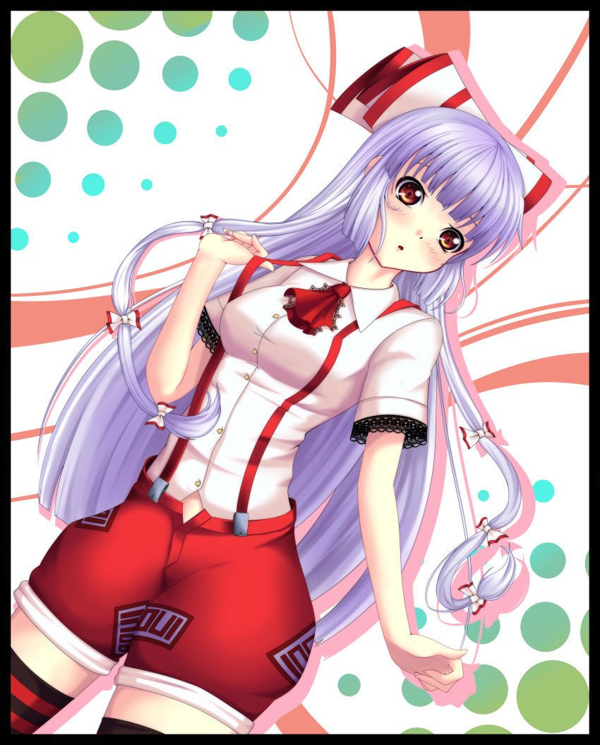 :o blush bow fujiwara_no_mokou hair_bow hair_ribbon highres huge_filesize kou512a long_hair red_eyes ribbon shorts silver_hair suspenders thigh-highs thighhighs touhou