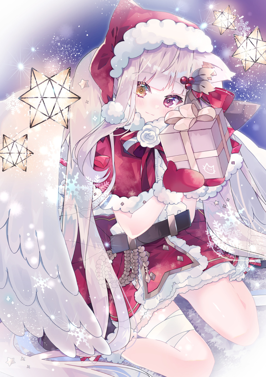 1girl angel_wings animal_ears aoi_yugina bandaged_leg bandages bangs belt black_belt black_footwear boots bow capelet center_frills christmas closed_mouth commentary frilled_skirt frills fur-trimmed_capelet fur-trimmed_mittens fur_trim gift hair_ornament hat heterochromia highres holding holding_gift holly_hair_ornament long_hair looking_at_viewer miniskirt night original outdoors red_bow red_capelet red_eyes red_headwear red_mittens red_skirt santa_boots santa_costume santa_hat shirt sitting skirt smile snowing solo very_long_hair wariza white_shirt wings yellow_eyes