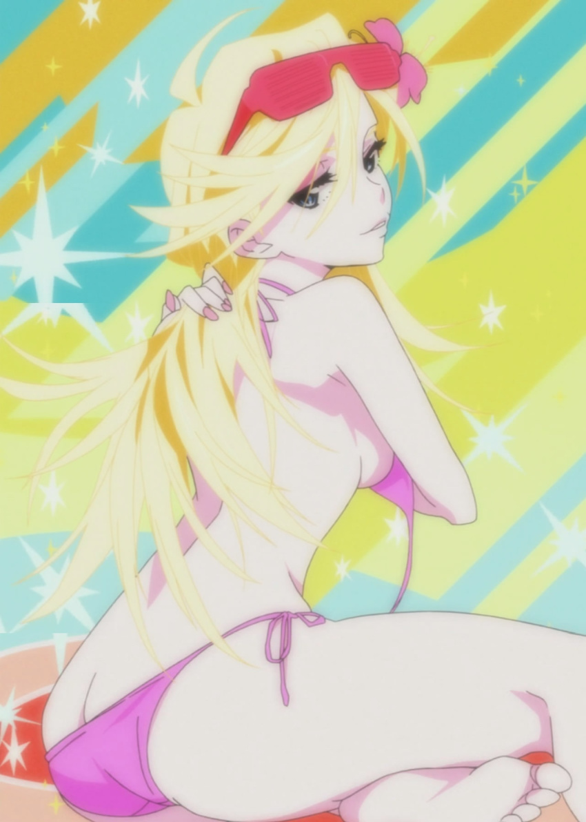 1girl ass bikini blonde_hair blue_eyes breasts butt_crack cap flower from_behind hair_flower hair_ornament highres long_hair looking_back panty_&amp;_stocking_with_garterbelt panty_(character) panty_(psg) panty_(sexy) screencap side-tie_bikini sideboob sitting smile solo sparkle stitched sunglasses swimsuit undressing untied untied_bikini_top untied_bra