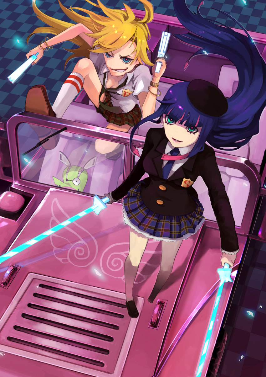 back_lace blonde_hair blue_eyes blue_hair breasts car chuck cleavage dual_weilding dual_wielding from_above highres jeep long_hair multicolored_hair multiple_girls necktie no_nose panty_&amp;_stocking_with_garterbelt panty_(character) panty_(psg) school_uniform see-through_(jeep) skirt smile stocking_(character) stocking_(psg) stripes_i_&amp;_ii weapon