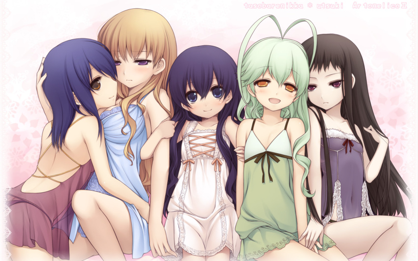 antenna_hair ar_tonelico ar_tonelico_ii black_hair blonde_hair blue_hair chroche_latel_pastalie cocona_vatel frelia frelia_ansul_solmarta frills green_hair gust highres jakuri loli long_hair luca_truelywaath multiple_girls open_mouth purple_eyes purple_hair red_eyes ribbon see-through short_hair smile utsugi_(skydream) violet_eyes wallpaper yellow_eyes yuri