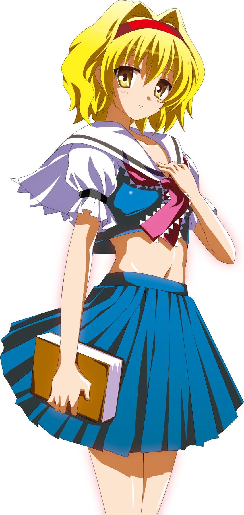 absurdres alice_margatroid blonde_hair book capelet hairband highres midriff oyu_no_kaori short_hair simple_background skirt smile solo touhou transparent_background yellow_eyes